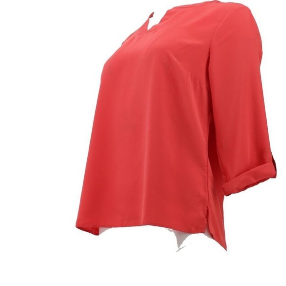 NWT LANDS' END PETITE ROLL TAB SLEEVE SPLIT NECK BLOUSE TOP CRIMSON DAWN 0P - Picture 5 of 8
